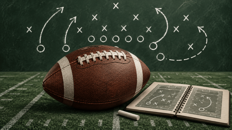 Football neben einem aufgeschlagenen Taktikbuch vor einer Tafel mit Spielzügen aus Kreisen, Kreuzen und Pfeilen.