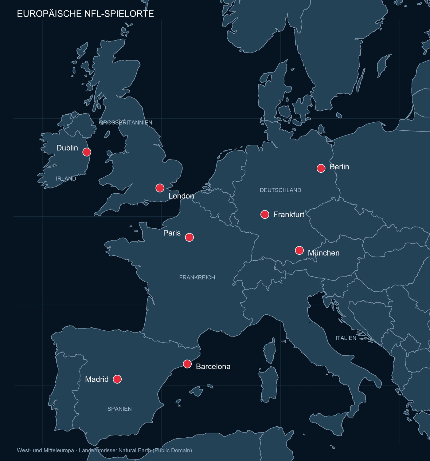 Karte von West- und Mitteleuropa mit Ländergrenzen und acht markierten Spielorten: Dublin, London, Paris, Madrid, Barcelona, Frankfurt, München und Berlin.