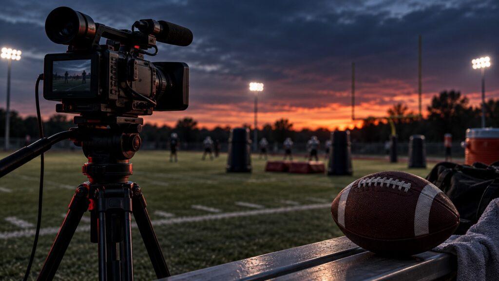 Dokumentarfilmkamera am Rand eines Football-Trainingsfeldes bei Abendlicht, daneben ein Football.