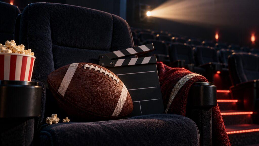 American Football und unbeschriftete Filmklappe auf einem Kinositz im Licht eines Projektors.