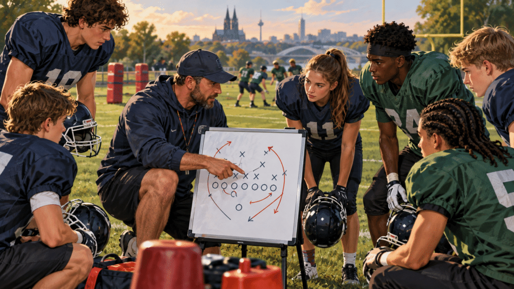 Symbolillustration: Ein Trainer bespricht eine Formation mit jugendlichen Footballspielern.