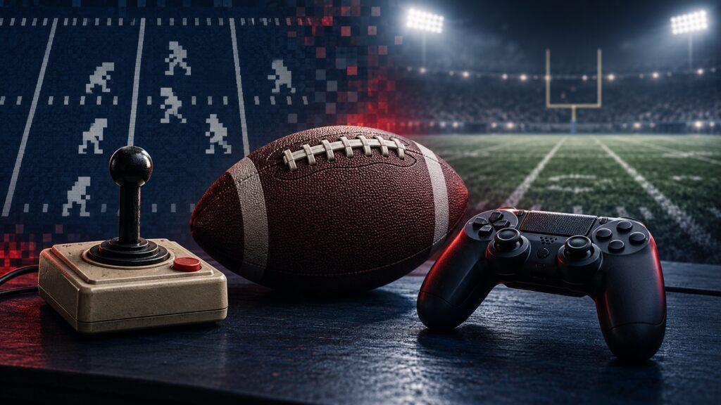Retro-Joystick, moderner Controller und American Football vor einem abstrakten digitalen Spielfeld.