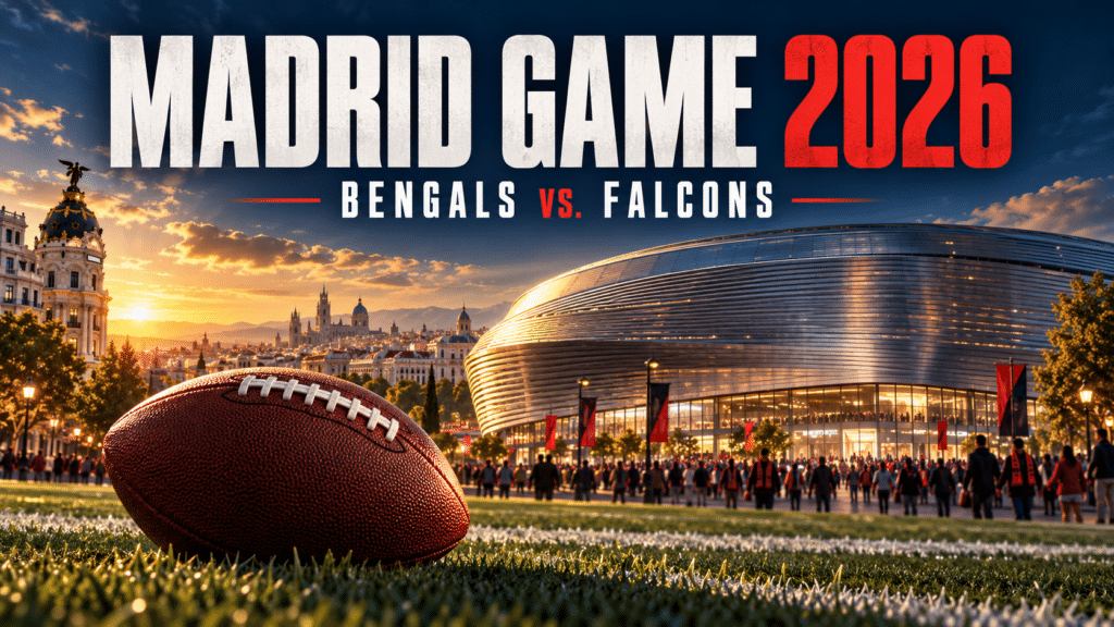 NFL Madrid Game 2026: Football vor einer stilisierten Madrid-Kulisse mit Bernabéu – KI-Titelillustration zu Bengals gegen Falcons.