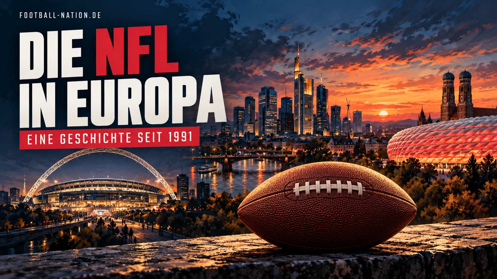 American Football mit spitzen Enden und weißer Schnürung vor einer Montage aus Wembley, Frankfurt und München: Die NFL in Europa seit 1991.