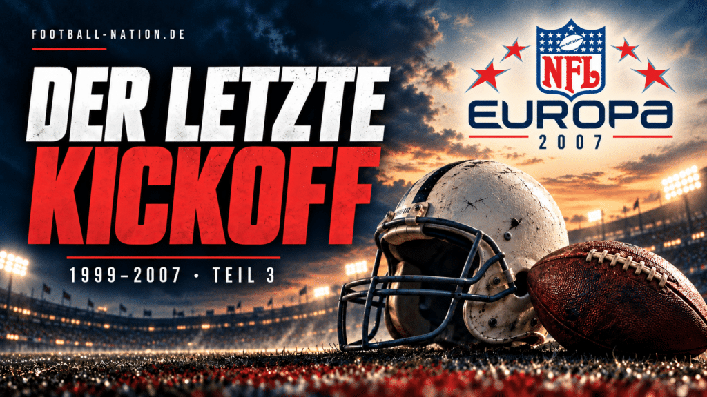 Illustration zum Ende der NFL Europa: Football-Helm und ovaler Ball im Abendlicht, NFL-Europa-Logo von 2007 und Titel Der letzte Kickoff.