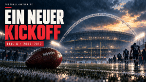 Illustration: Football im Regen vor dem Wembley-Bogen; Ein neuer Kickoff, Teil 4, 2007–2012.