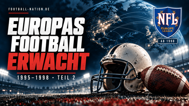 Illustration zum europäischen Neustart 1995–1998: American-Football-Helm, ovaler Football und NFL-Europe-Logo mit Hinweis Ab 1998.