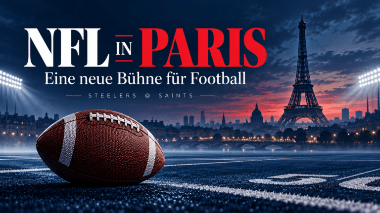 NFL in Paris: illustrierter Football vor Pariser Skyline zum Spiel Steelers gegen Saints