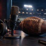Mikrofon und Kopfhörer neben einem American Football vor unscharfen Stadionlichtern.