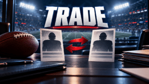 TRADE-Schriftzug über Football-Spielerkarten mit roten Wechselpfeilen und einem Football im Stadion – Symbolbild zur NFL Trade Deadline.