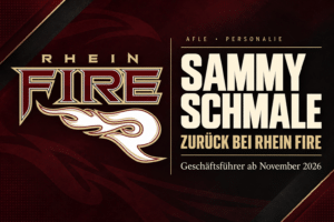 Rhein-Fire-Logo mit der Nachricht: Sammy Schmale kehrt als Geschäftsführer ab November 2026 zurück