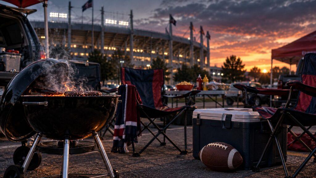 Grill, Klappstühle und Football bei einem symbolischen Tailgate vor einem Stadion