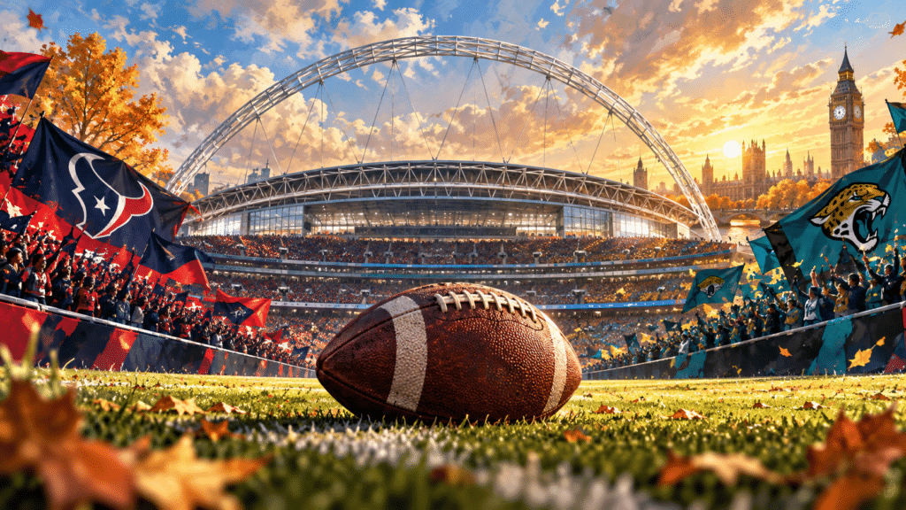 KI-Illustration zu Texans gegen Jaguars in London: Football vor dem Wembley-Bogen und jubelnden Fans