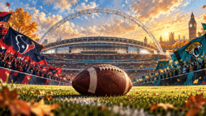 KI-Illustration zu Texans gegen Jaguars in London: Football vor dem Wembley-Bogen und jubelnden Fans