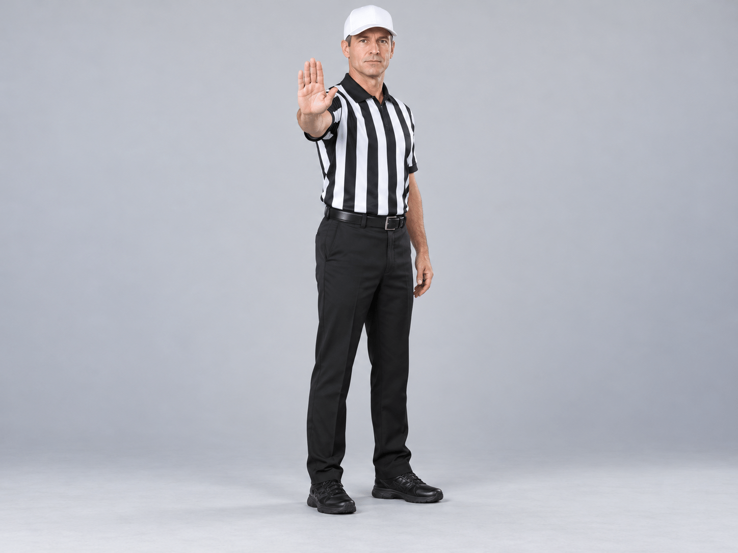 KI-Fotodarstellung: Whitehat zeigt Illegal Contact – NFL. Eine offene Hand nach vorn ausstrecken. Nicht mit den zwei Händen bei Pass Interference verwechseln.