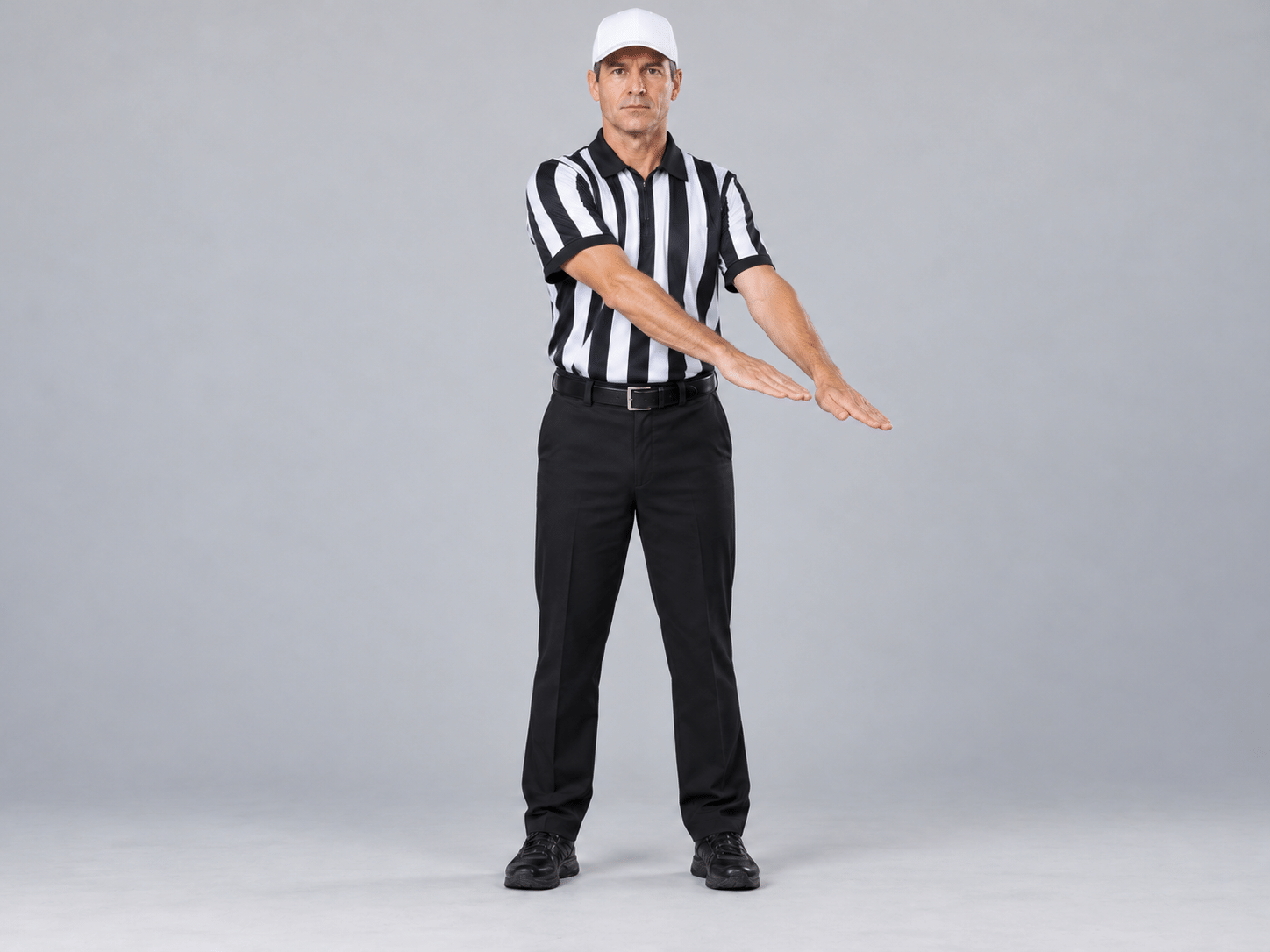 KI-Fotodarstellung: Whitehat zeigt Intentional Grounding. Beide Arme parallel schräg vor dem Körper bewegen. Danach folgt das Zeichen für Loss of Down.