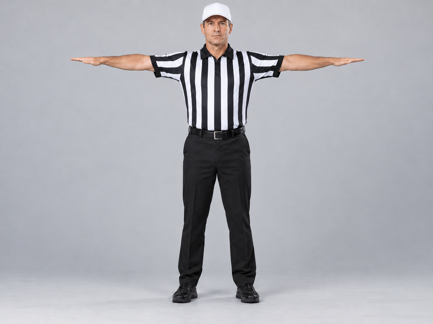 KI-Fotodarstellung: Whitehat zeigt Unsportsmanlike Conduct / Taunting. Arme seitlich auf Schulterhöhe ausstrecken, Handflächen nach unten.