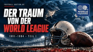 Illustration zur WLAF 1991–1994 mit World-League-Logo, American-Football-Helm und ovalem Football vor einer Weltkugel.